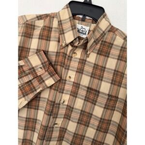 Vintage 60s Woolrich Mens Plaid Button Down Long Sleeve Shirt Beige Brown Size M
